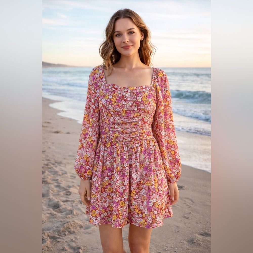 Crystal Doll Floral Mini Dress in Pink and Yellow M